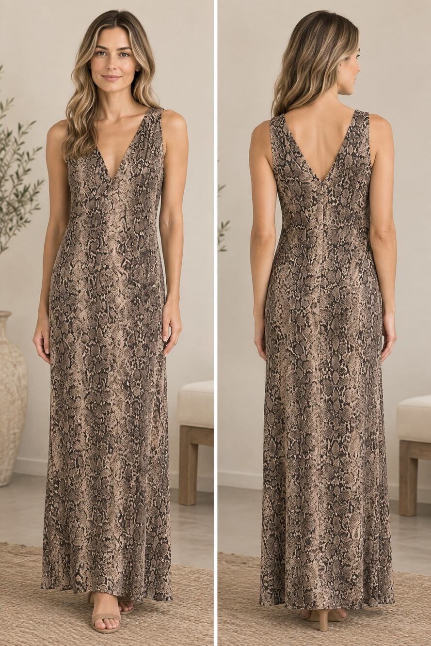 Joseph Ribkoff Dress Womens 10 Beige Animal Print Wrap Buckle Maxi Fit & Flare